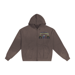 1IN1000 Unisex Pure Cotton Hand-Frayed Sunfade Zip Hoodie